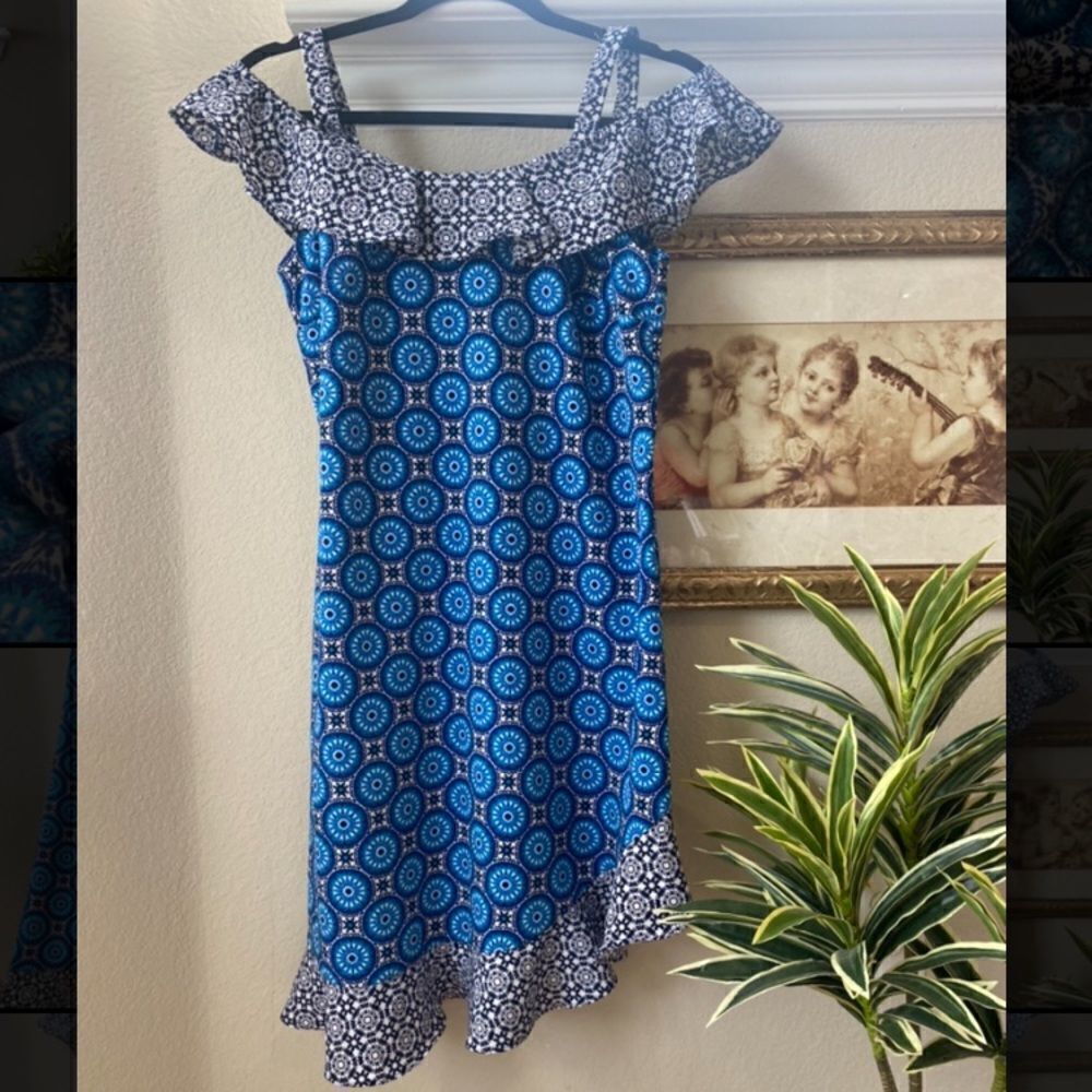 Roz & Ali Blue Mandala Ruffle & Strap Sleeve Asymmetrical Dress sz Petite Small